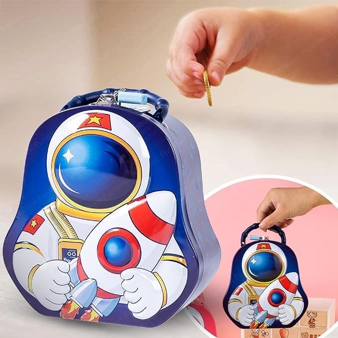 QUEEN BEE Space Metal Coin Box for Kids with Lock and Key - Birthday Return Gift