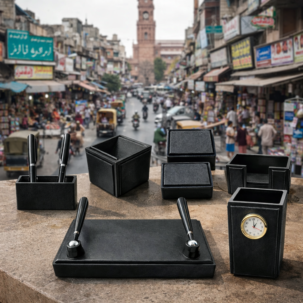 Senator Rexine Leather Office Desk Organizer 7pcs Set With Watch #20(Black)