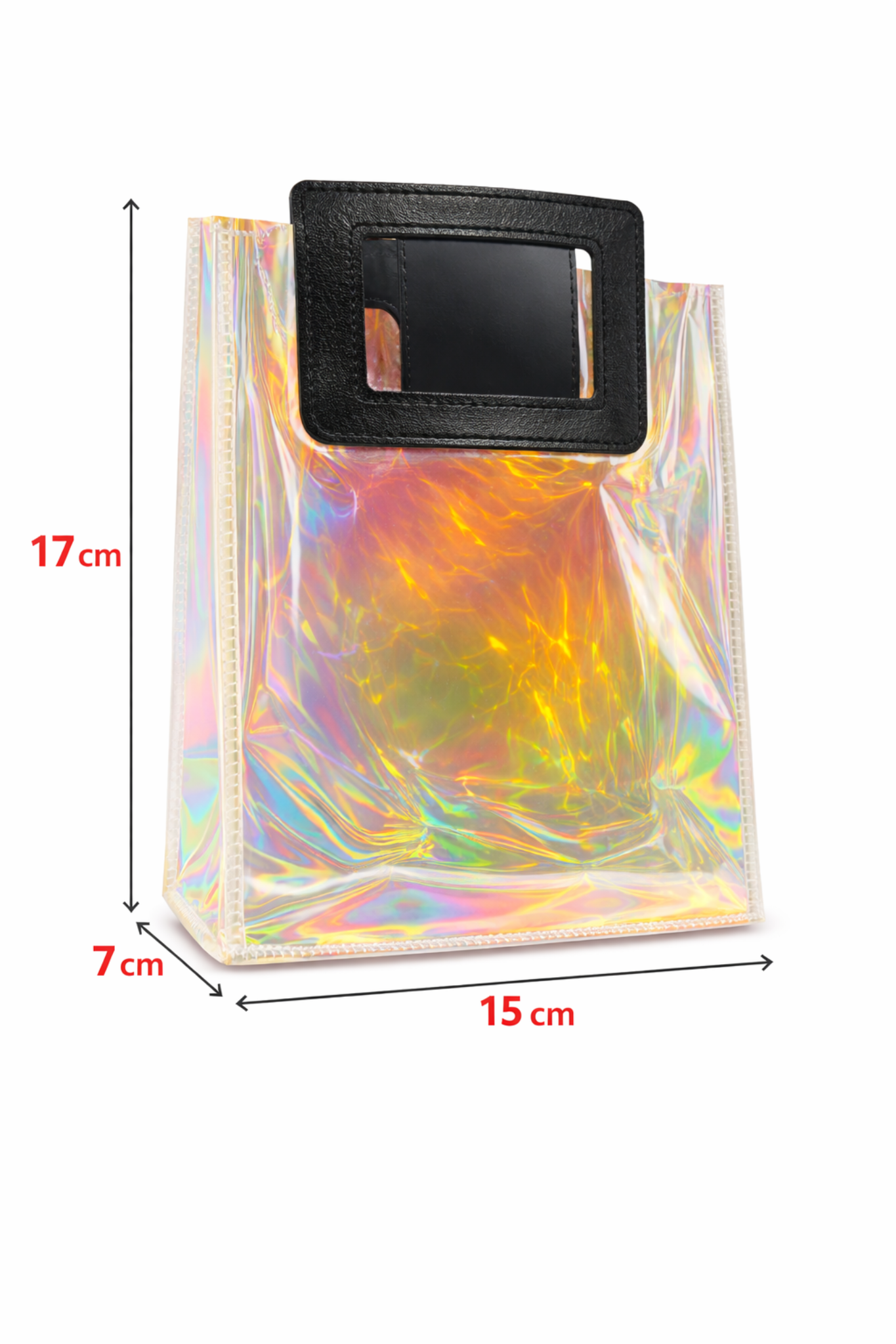 Shiny Transparent Gift Bag with Rexine Handle – Premium Holographic Clear Gift Packing Bag (17×15×7 cm / 19×17×8 cm) for Gifts, Cosmetics, Jewelry & Return Gifts