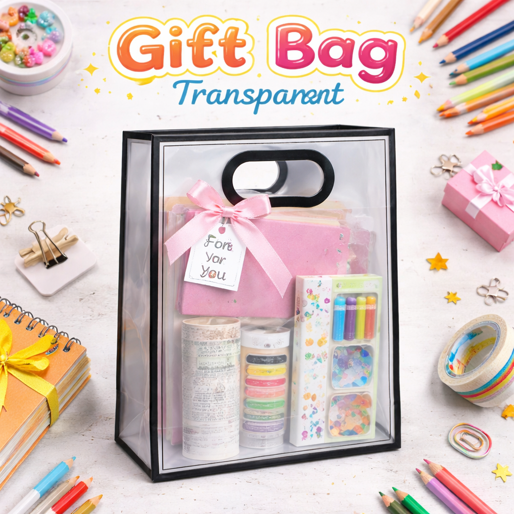 Transparent Gift Bag with Handle 26x18x8cm | Clear PVC Gift Packaging Bag for Stationery, Birthday & Special Occasions 3pcs Large