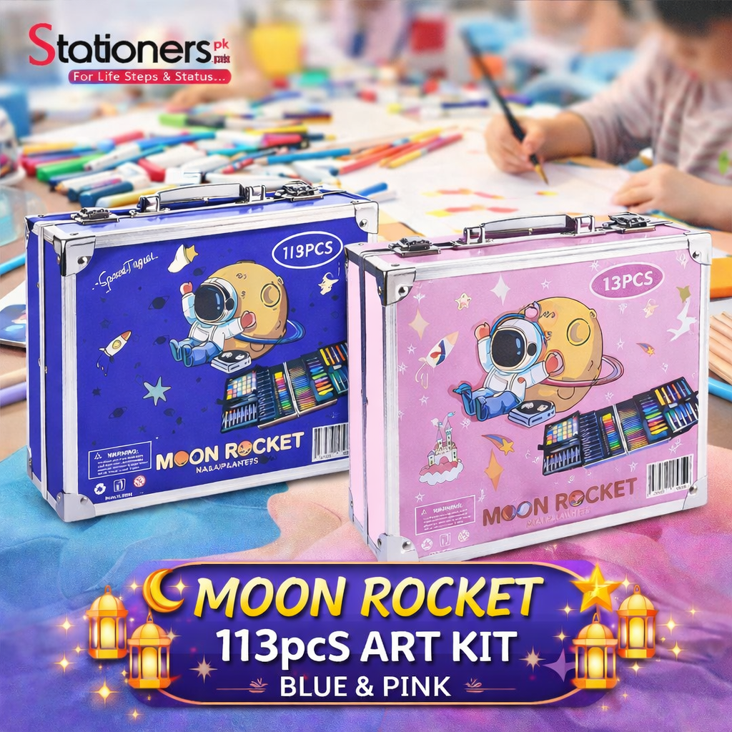 Moon Rocket 113pcs Art Kit – Space Theme Coloring & Drawing Set (Blue & Pink)
