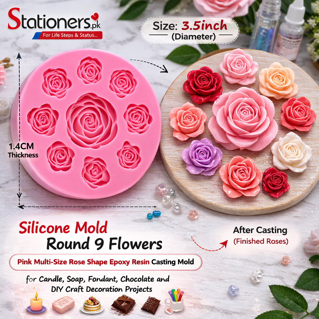 Silicone Mold Round 9 Flowers – Pink Multi-Size Rose Shape Epoxy Resin Casting Mold for Candle, Soap, Fondant, Chocolate and DIY Craft Decoration Projects