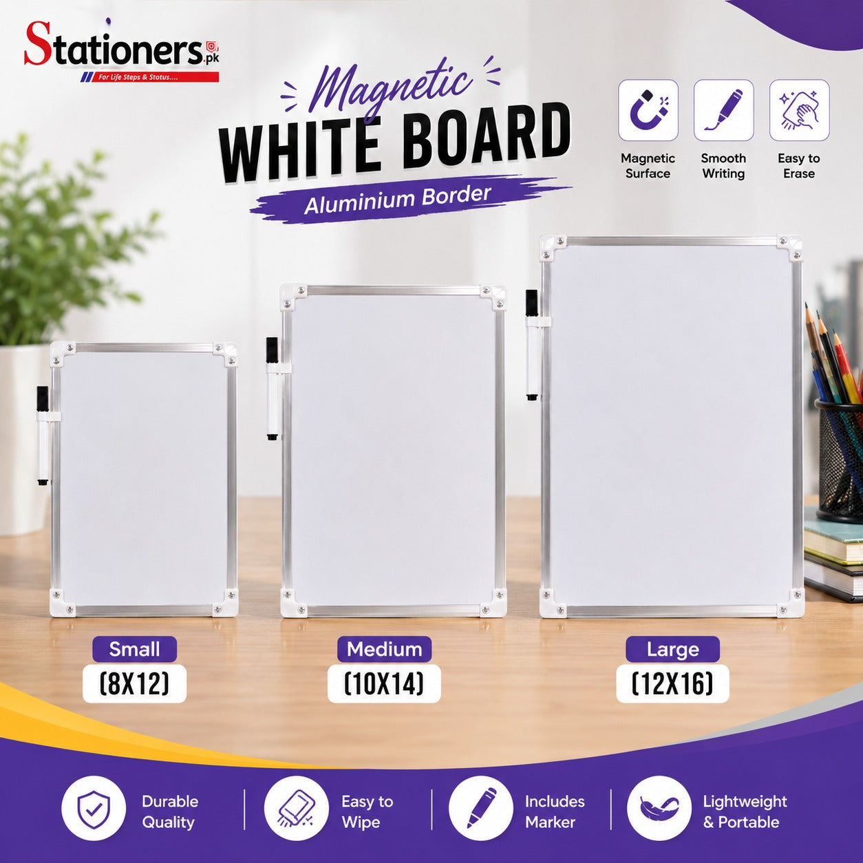 Magnetic White Board Aluminium Border – Small (8x12), Medium (10x14) & Large (12x16) | Dry Erase Writing Board