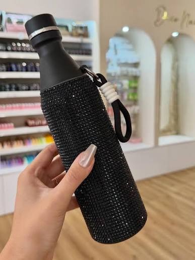 Rhinestone Thermal Water Bottle – Black | Stylish Insulated Bottle