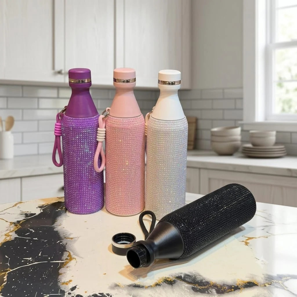 Rhinestone Thermal Water Bottle – Black | Stylish Insulated Bottle