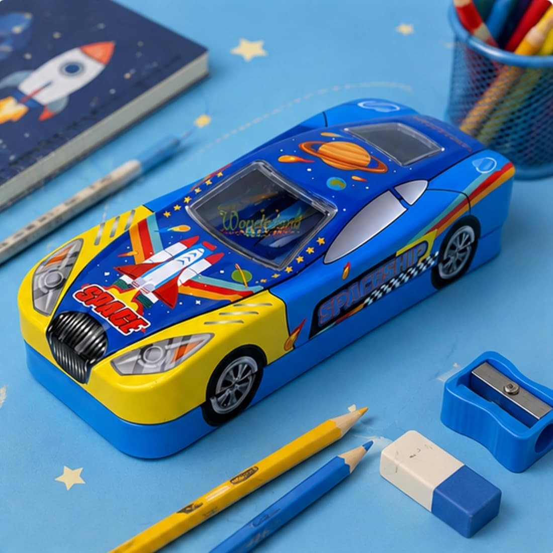 Kids Car Shape Pencil Box – Space Rocket Design | Large Capacity Stationery Organizer