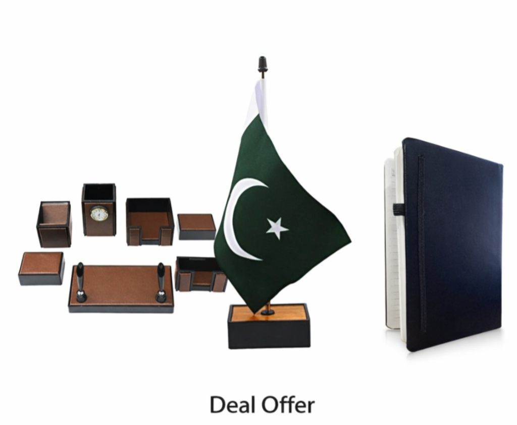 Office Decorate Best Deal – 7Pcs Brown Table Set with Table Flag & Office Diary