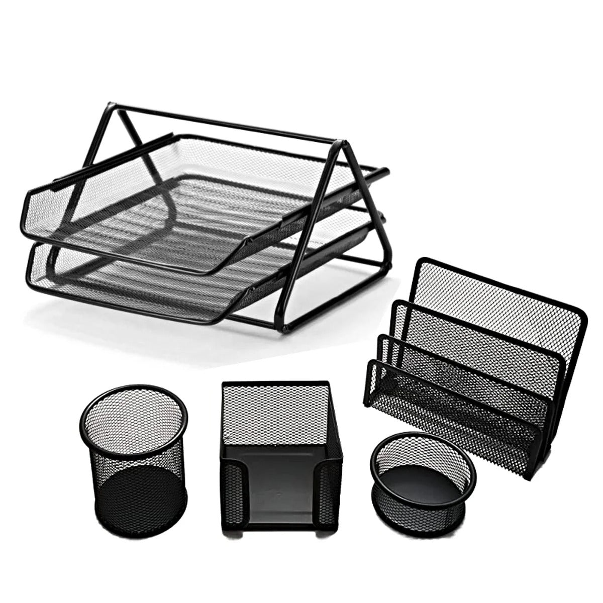 Metal Mesh Desk Organizer Set | Single & Double Letter Tray | Office File Holder | Pen Stand | Document Organizer | Home, Office & School