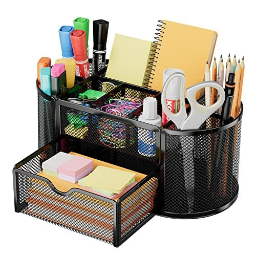Metal Mesh Desk Organizer Set | 3, 4 & 8 Compartment Pen Holder | Office Desk Organizer | Stationery Storage Rack | Home, School & Office
