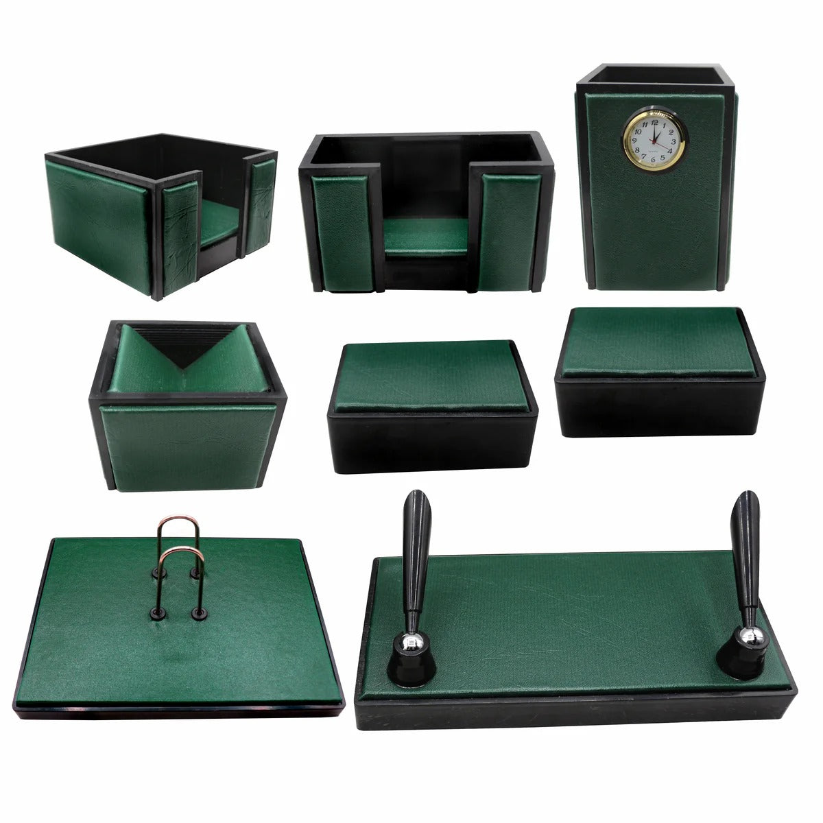 Senator Rexine Leather Office Desk Organizer 8PCS Set with Watch #20 | Premium Executive Desk Accessory Set | Pen Holder, Memo Pad & Office Table Organizer