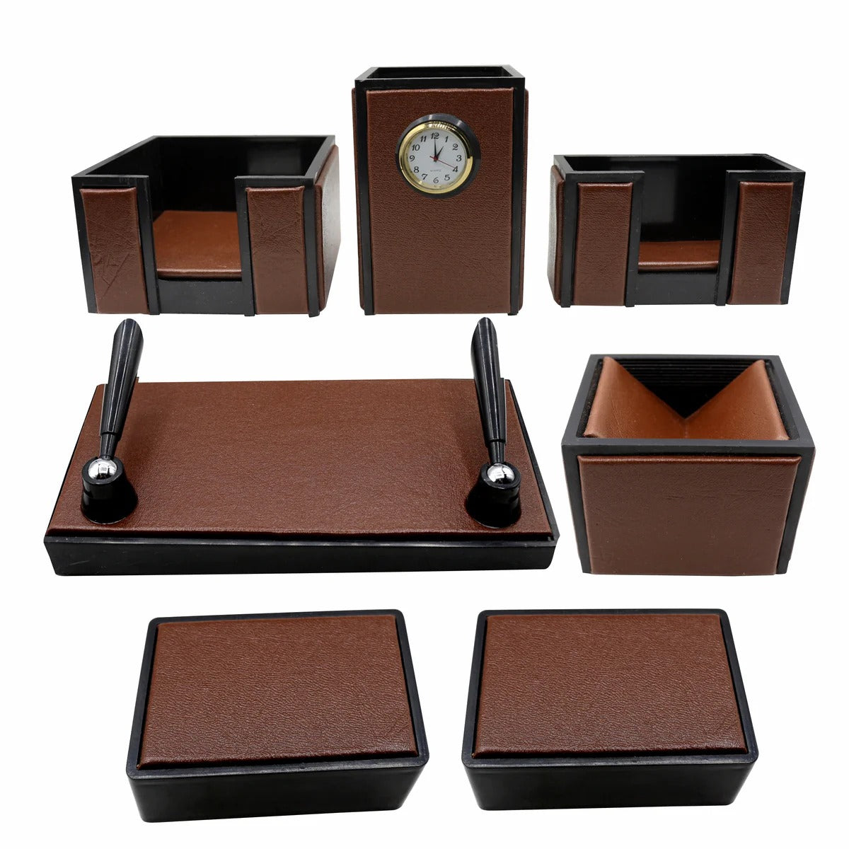 Senator Rexine Leather Office Desk Organizer #20 | 7 PCS Executive Desk Set with Watch | Premium Office Table Accessories | Brown, Black & Green