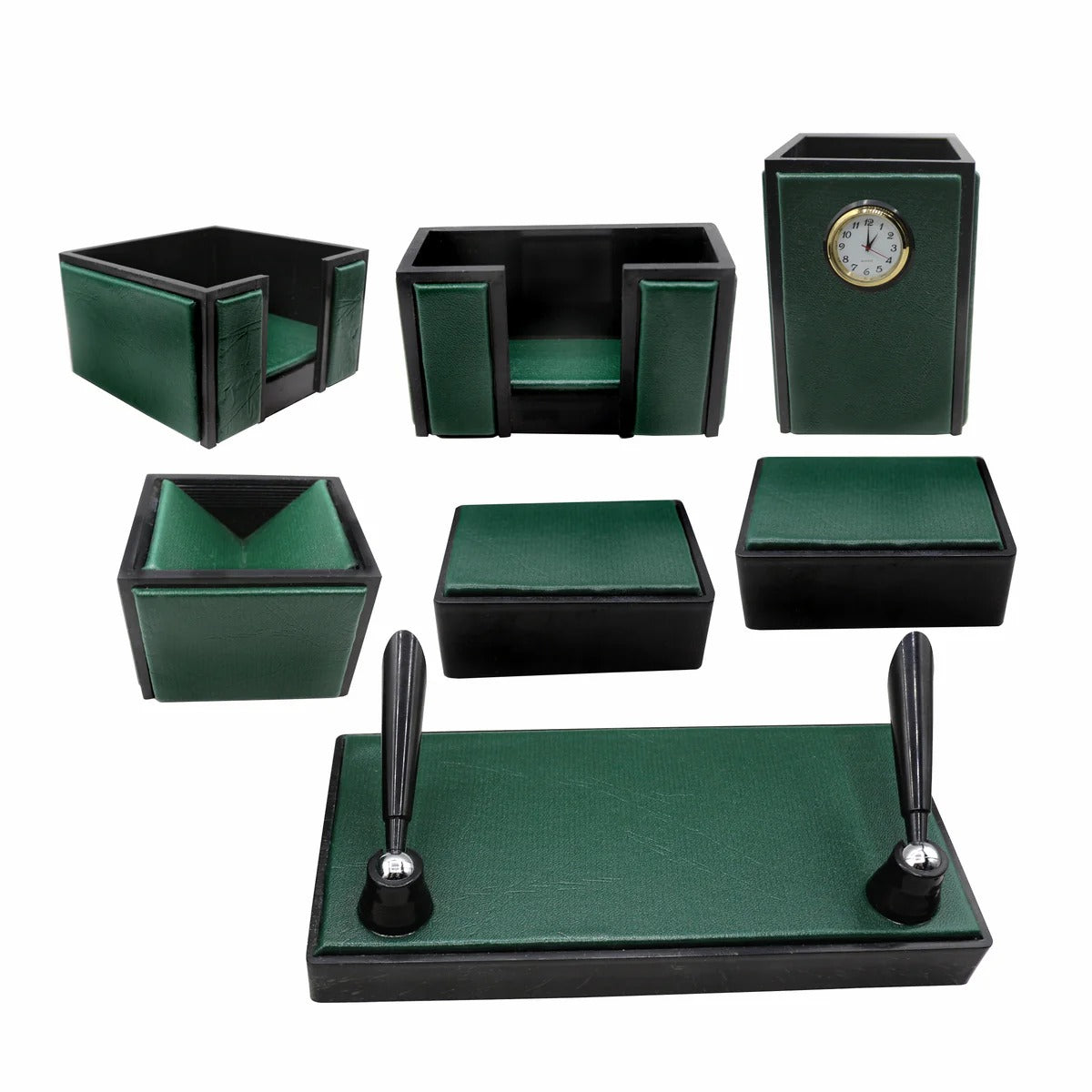 Senator Rexine Leather Office Desk Organizer #20 | 7 PCS Executive Desk Set with Watch | Premium Office Table Accessories | Brown, Black & Green