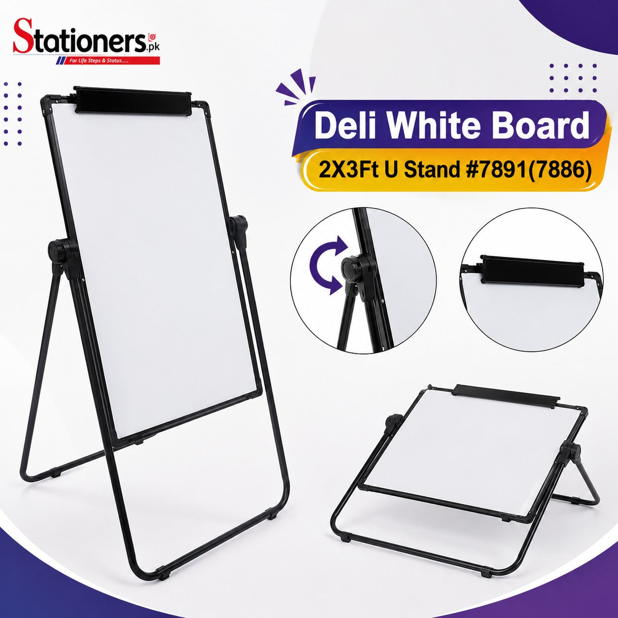 Deli White Board 2x3Ft U Stand #7891 (7886) – Portable Double-Sided Dry Erase Whiteboard