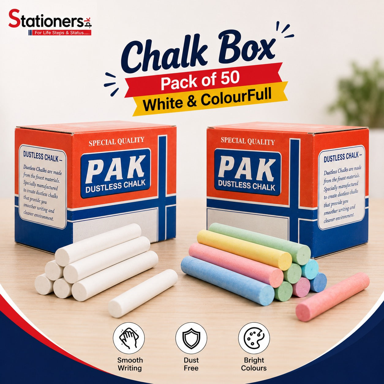 Chalk Box Pack of 50 – White & Colourful Dustless Chalk for School, Classroom & Blackboard