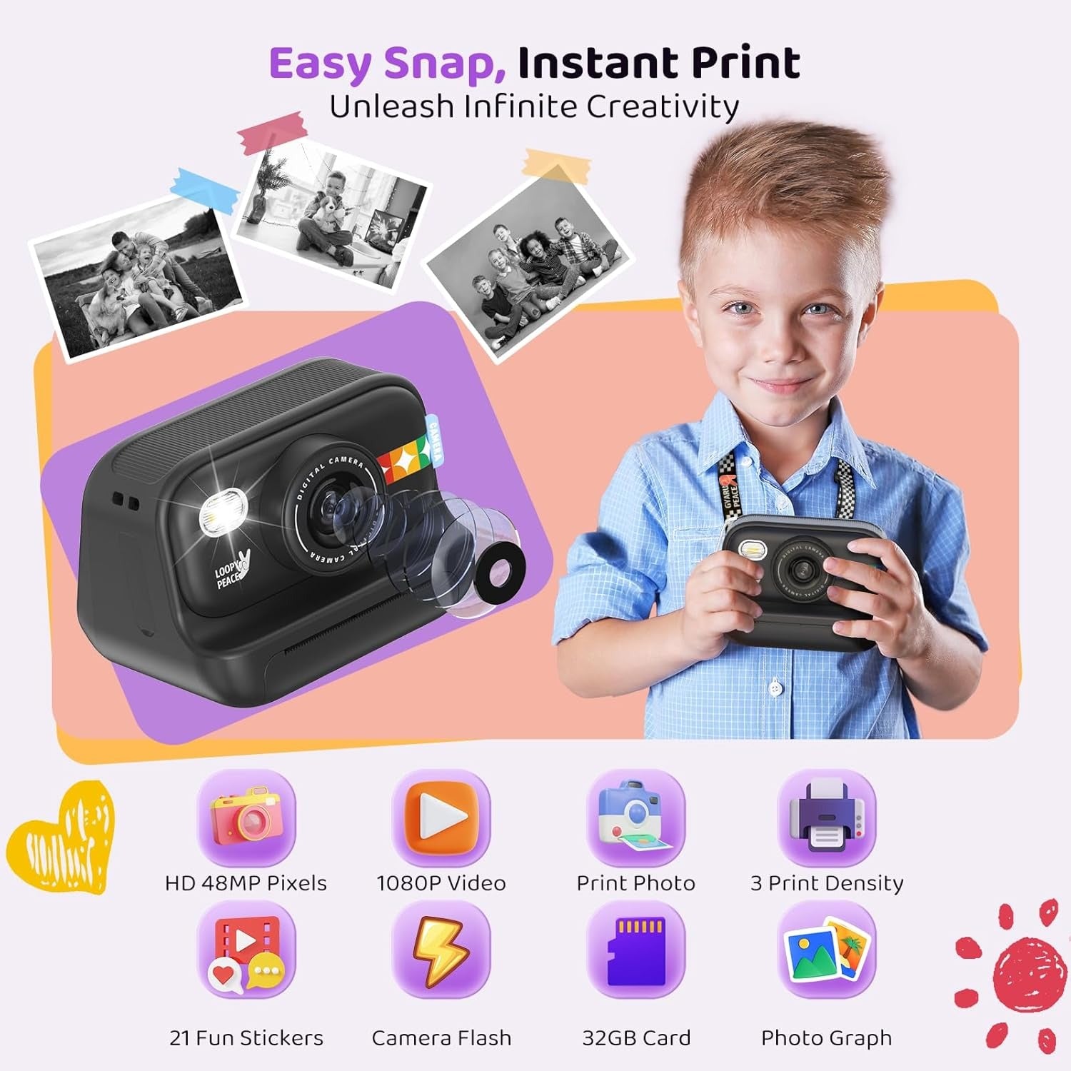 Instant Print Camera for Kids, Birthday Gifts for Girls and Boys Ages 3-12 - 1080P Video Camera for Kids, Gift Ideas for Boys Ages 3 4 5 6 7 8 9 10 11 12 -(Black)