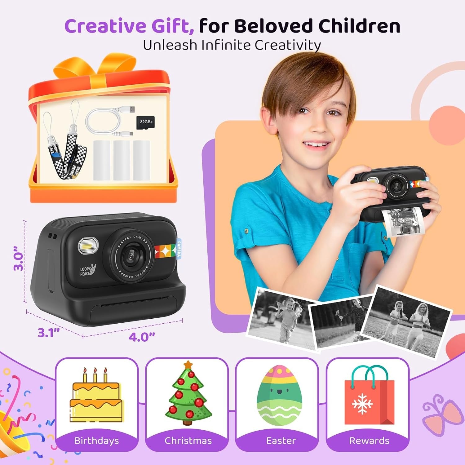 Instant Print Camera for Kids, Birthday Gifts for Girls and Boys Ages 3-12 - 1080P Video Camera for Kids, Gift Ideas for Boys Ages 3 4 5 6 7 8 9 10 11 12 -(Black)