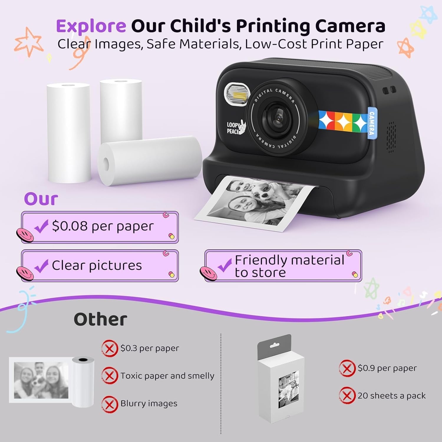 Instant Print Camera for Kids, Birthday Gifts for Girls and Boys Ages 3-12 - 1080P Video Camera for Kids, Gift Ideas for Boys Ages 3 4 5 6 7 8 9 10 11 12 -(Black)