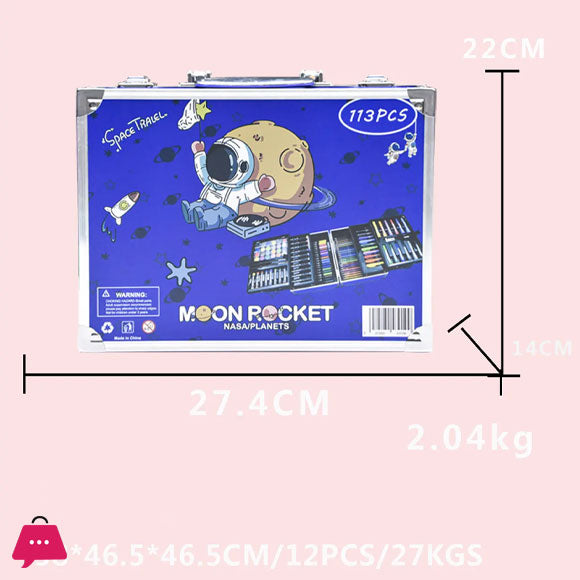 Moon Rocket 113pcs Art Kit – Space Theme Coloring & Drawing Set (Blue & Pink)