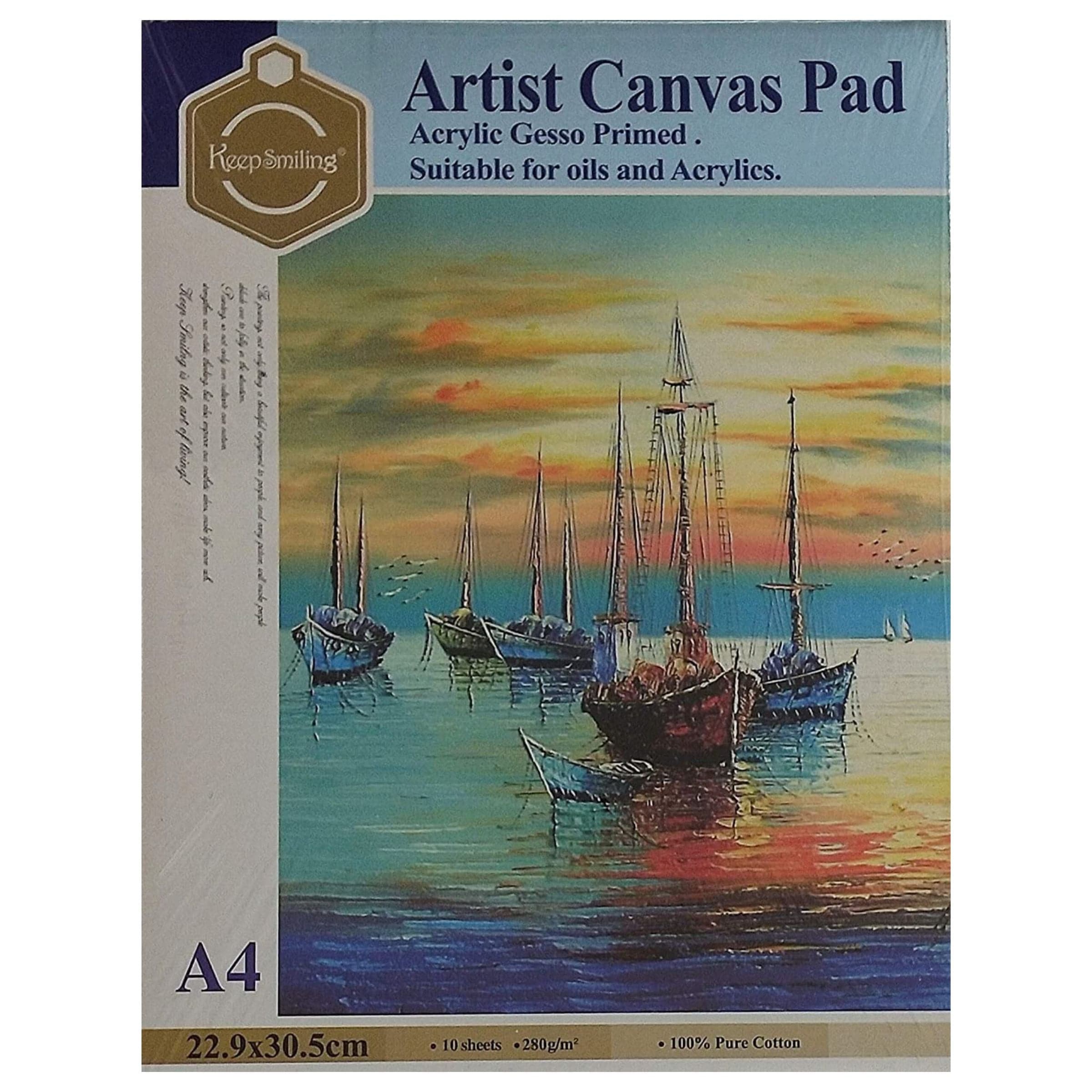 Keep Smiling Artist Canvas Pad Acrylic Gesso Primed A4 Size 22.9 x 30.5cm  (10 Sheets)